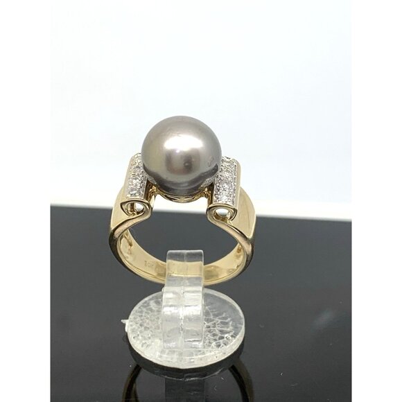 Black Pearl 9.5mm Diamond Cocktail Ring 14k Yellow Gold Estate Women's Size 4.75 - Picture 3 of 10